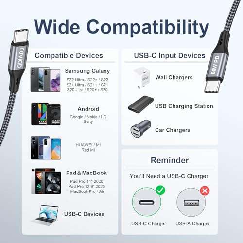 [Prime] 4x RAVIAD USB-C zu USB-C Kabel, 60W, PD 3.0 [4 Längen: 0,5m + 1m + 2m + 3m] [Verkauf: YIHUI DIRECT | Versand: AMAZON]