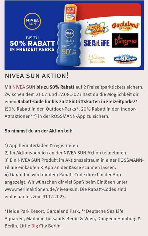 Rossmann App: Nivea Sun kaufen und einen 50% Gutschein für den Heidepark erhalten erhalten