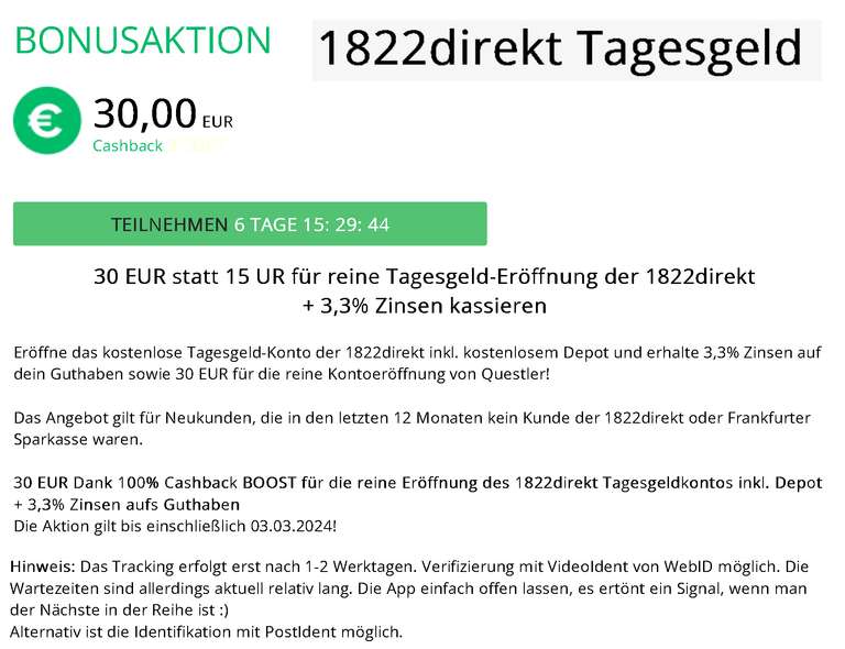 [1822direkt + Questler] 30€ für Eröffnung kostenlosem Tagesgeldkonto, 3,3% Zinsen p.a., inklusive kostenlosem Depot; Neukunden