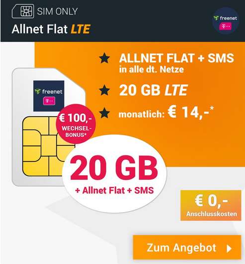 Sim Only, Telekom/Vodafone Netz: Allnet/SMS Flat 20GB LTE, 0€ AG, ab 9,82€ monatlich (ggf. mit 100€ Wechselbonus oder Xiaomi Zugabe)