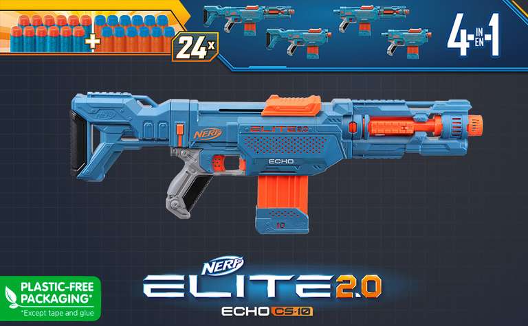 NERF Elite 2.0 Echo CS-10 Blaster – 24 NERF Darts, 10-Dart Clip-Magazin, abnehmbare Schulterstütze für 18,89€ (El Corte Ingles)