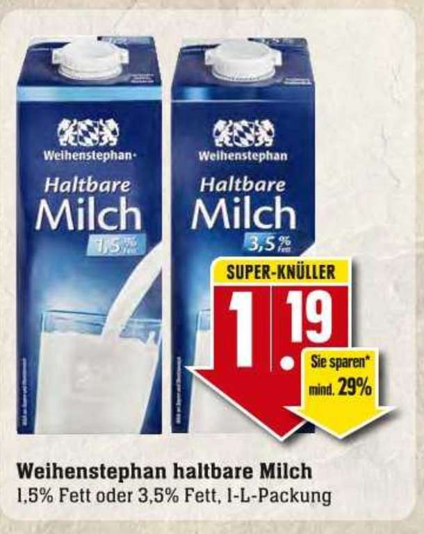 3x Weihenstephan Haltbare Milch 3,5%/1,5% für effektiv 0,78€/0,86 € pro 1l-Packung (Angebot + Coupon) [Edeka & Marktkauf]