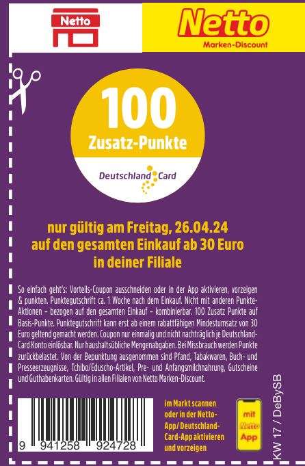 [Netto MD] [DeutschlandCard] 100 Zusatzpunkte auf den gesamten Einkauf ab 30 € - nur gültig am 26.04.24
