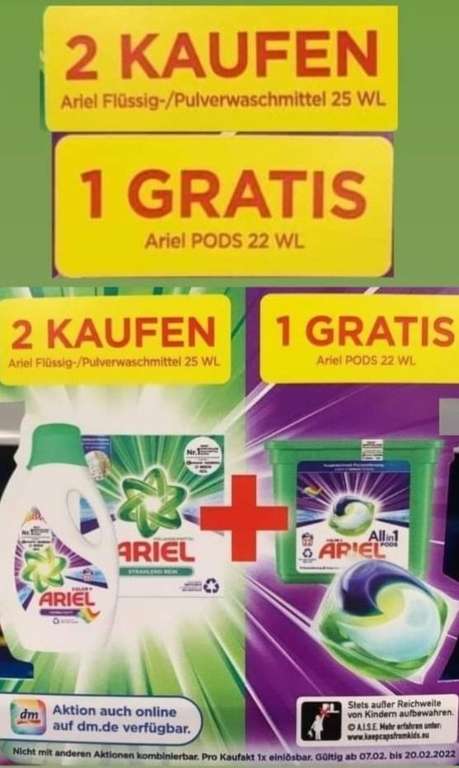 Dm (on-off) 2+1 Aktion 2x Ariel Flüssig-/Pulverwaschmittel 25Wl kaufen 1x Ariel Pods 22Wl gratis
