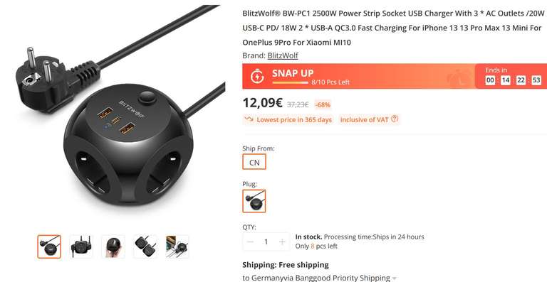 Blitzdeal - BlitzWolf BW-PC1 2500W Steckdosenwürfel mit USB für nur 12,09 € - noch 8 Stück vorhanden