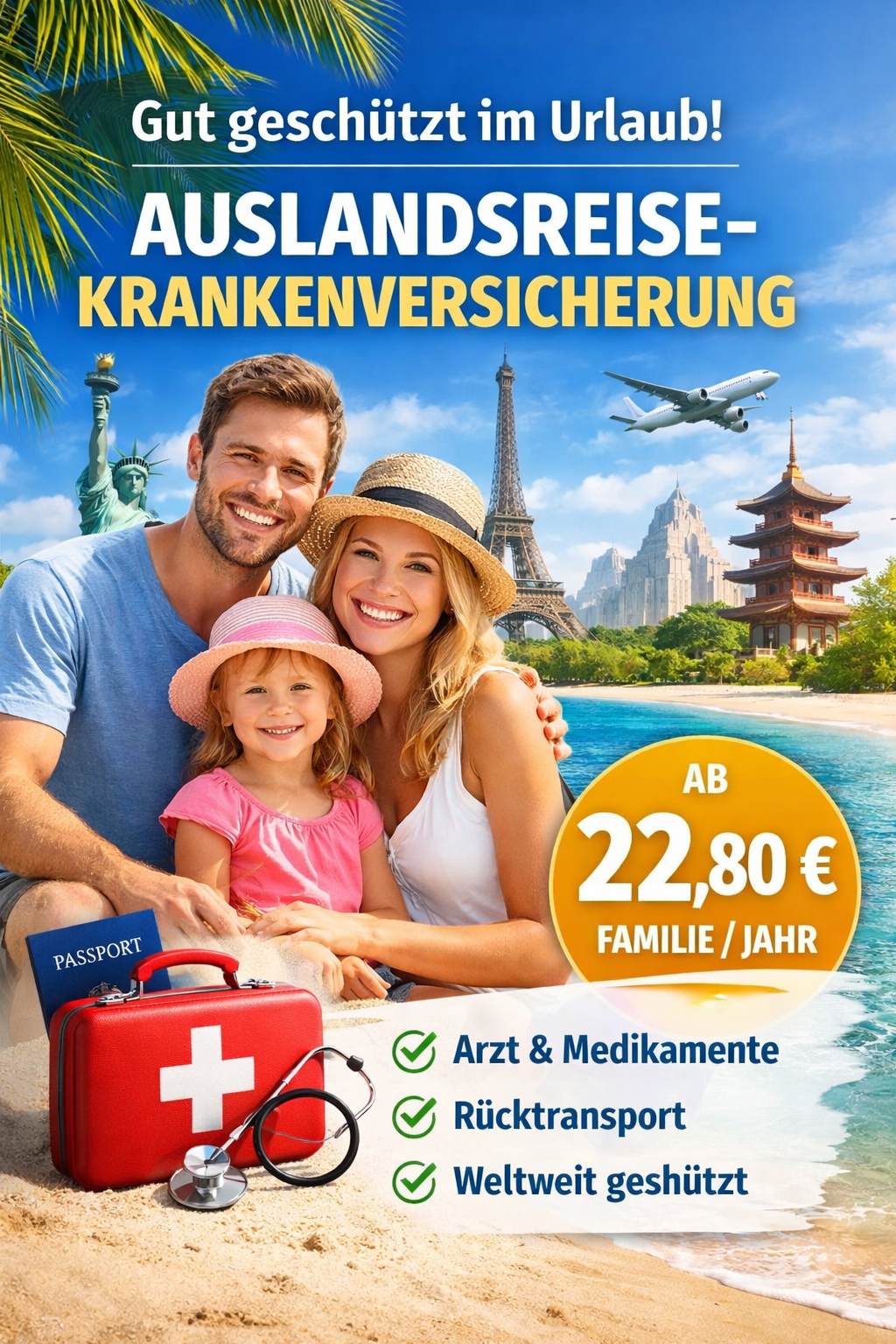 R+V Urlaub Auslandsreise Krankenversicherung Auslandskrankeversicherung ohne SB Single 10,80€ Familie 22,80€ für ein Jahr