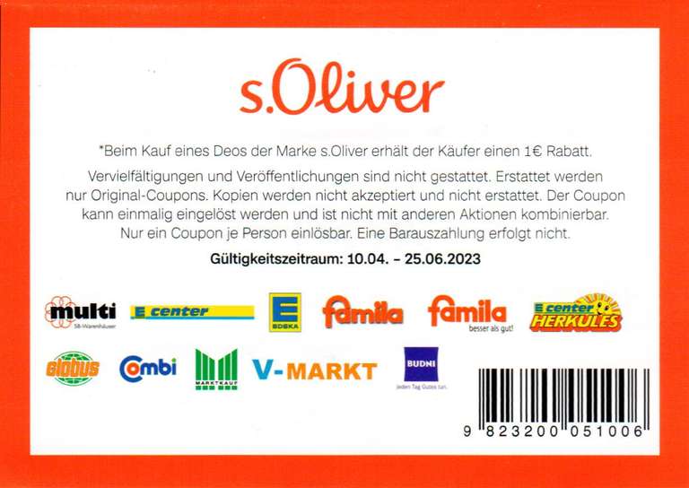 1€ Rabatt Coupon für den Kauf eines s.Oliver Deos bis 25.06.2023