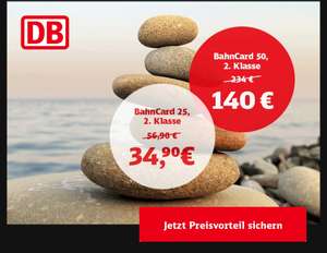 Deutsche Bahn (personalisiert) Wieder da - 1 Jahr Bahn Card 25 für 34,90 € 2. Klasse / Bahn Card 50 für 140 € 2.Klasse (Kündigung notwendig)