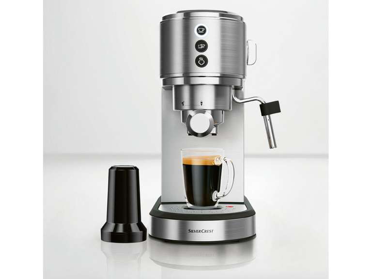 SILVERCREST Siebträgermaschine Slim SSMS 1350 B2, für Espresso | 1350 Watt | in Edelstahl