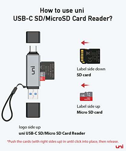 (Amazon Prime) uni USB Kartenleser 3.0, USB C, Aluminum 2 in 1, OTG Adapter (SD/Micro SD/TF/SDHC/SDXC)