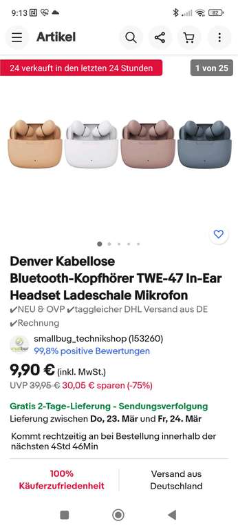 Denver Kabellose Bluetooth-Kopfhörer TWE-47 In-Ear Headset Ladeschale Mikrofon