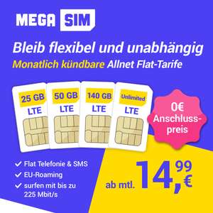 [Telefonica] 0€ Anschlussgebühren bei MegaSIM | 25GB für 14,99€ mtl. | 50GB für 19,99€ | Unlimited Smart für 26,99€ | mtl. kündbar | ohne AG