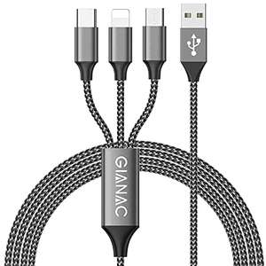 GIANAC Multi-USB-Ladekabel (USB Typ A auf C, Micro-USB & Lightning), 1,2m [Amazon Prime]
