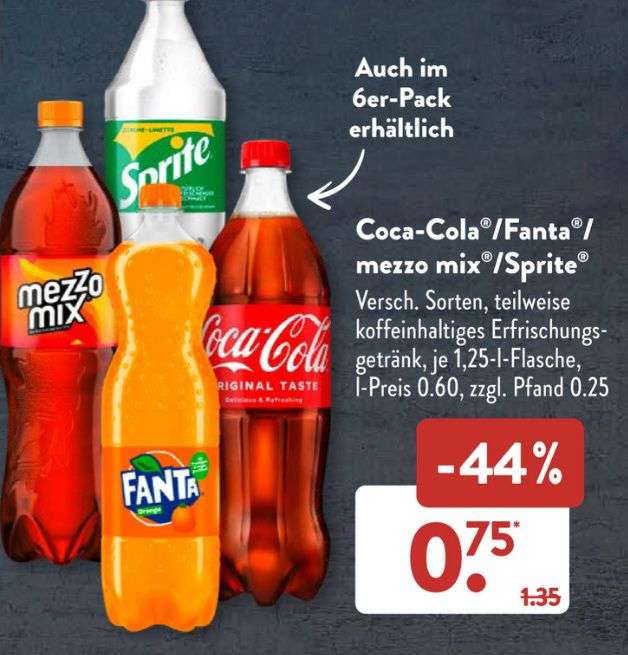 Aldi Süd: Ab 26.06. 1,25l Flasche Coca-Cola, Fanta, Sprite oder Mezzo-Mix, Literpreis: 60Cent