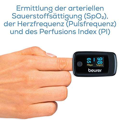 [Prime] Beurer PO 45 Pulsoximeter, Messung von Sauerstoffsättigung (SpO2), Herzfrequenz (Puls) und Perfusions Index (PI)