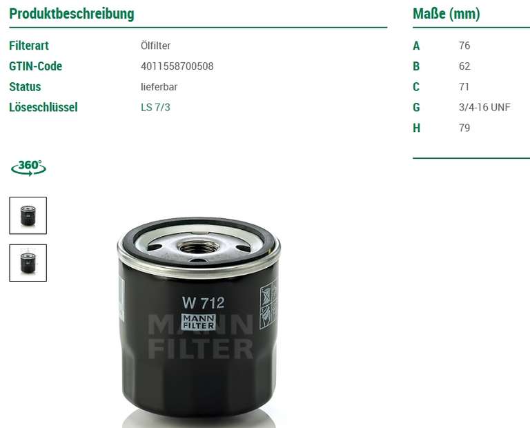 MANN-FILTER W712 PKW Ölfilter für alten MINI, alte OPEL, ... (Amazon Prime)