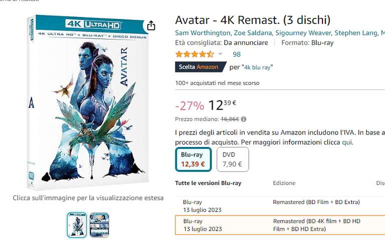 [Amazon.it] Avatar - Aufbruch nach Pandora (2009) - 4K Bluray + Bluray - deutscher Ton - IMDB 7,9