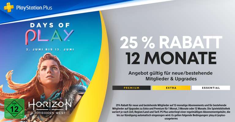 Days of Play 2023 u.a. 25% auf alle PlayStation Plus Mitgliedschaften (02.06.-12.06.2023)