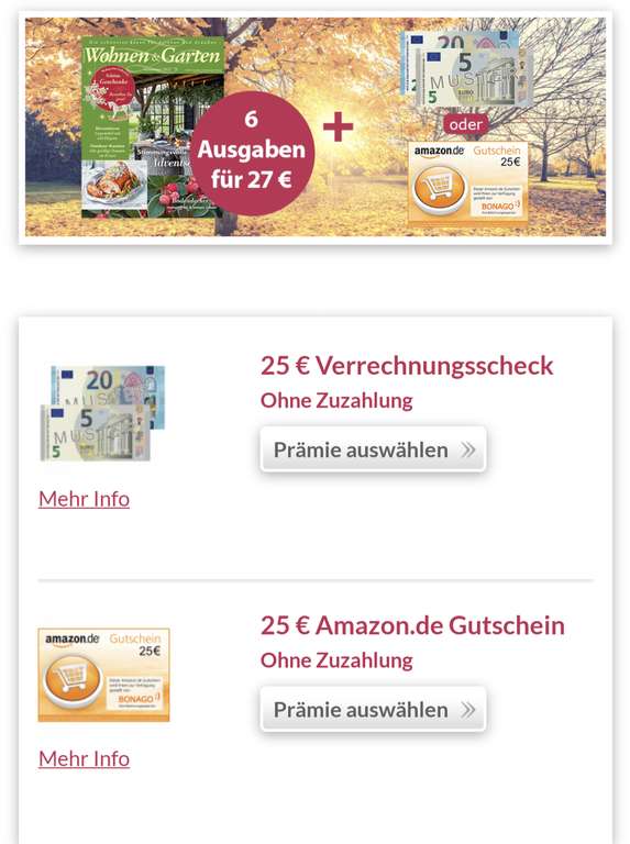 Wohnen & Garten Halbjahresabo (6 Ausgaben) + 25€ Verrechnungscheck (per Post) oder 25€ Amazon-Gutschein (per Mail)