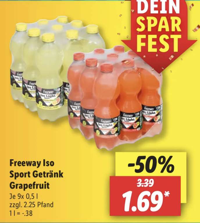 Freeway Iso Sport Getränk Grapefruit 9x0,5l (1l=0,38€) ab 12.06 bei LIDL