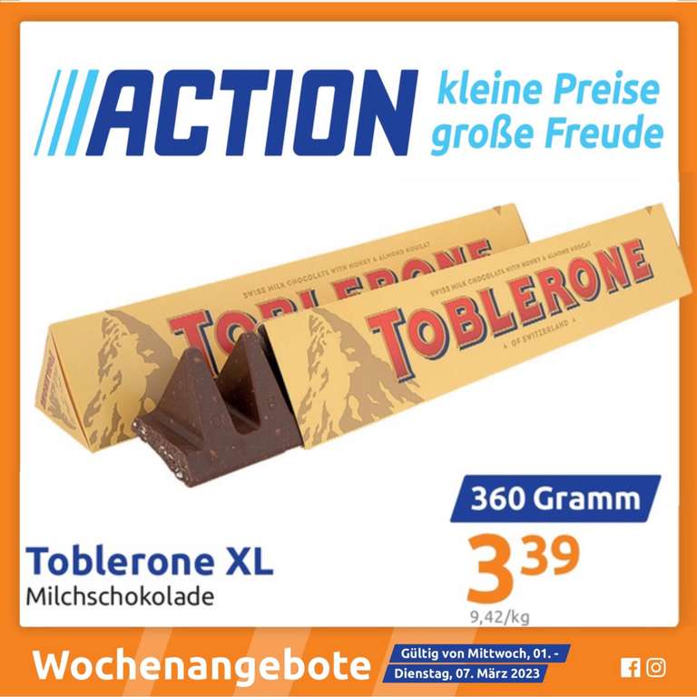 TOBLERONE 360g Stange Schweizer Schokolade (9,41⅔ €/kg) bei ACTION
