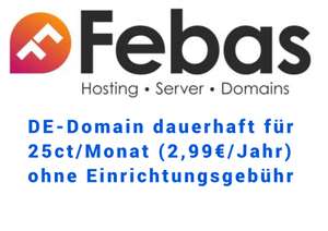 [febas] DE-Domain für 25ct/Monat & SSD Webhosting (incl. 20GB NVMe-SSD-Speicher + 5 de-Domains) für 2,99€/Monat | MBW 10€ | MVLZ 1 Jahr
