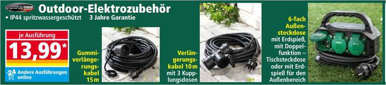Outdoor Gummi-Verlängerungskabel (IP44), verschiedene Ausführungen, z. B. 15m für 13,99 Euro [Norma]