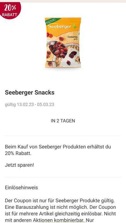 Rossmann App/Online 20% auf Seeberger Nüsse z.B. Nusskernmischung 150 gr Trockenfrüchte Walnusskerne