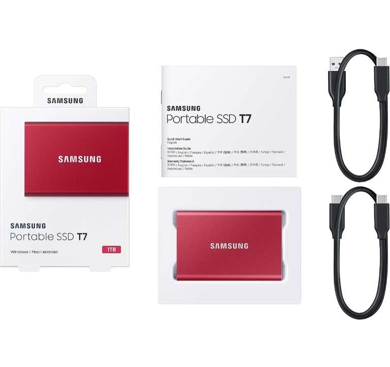 Samsung Portable SSD T7, 1 TB, USB 3.2 Gen.2, 1.050 MB/s Lesen, 1.000 MB/s Schreiben, Externe SSD Festplatte für Mac, PC, PRIME