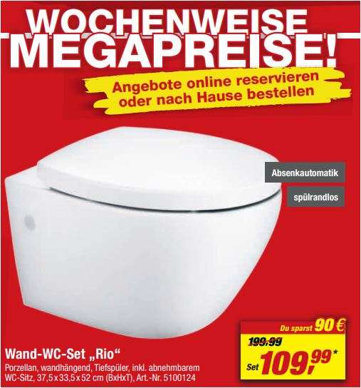 Wand-WC 'Rio' spülrandlos weiß 37 x 33 x 52 cm mit WC-Sitz (abnehmbar, mit Absenkautomatik) für 109,99 Euro [Toom Abholung]
