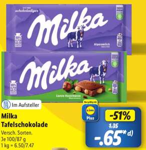[Lidl] Milka Tafelschokolade versch. Sorten 100g/87g Schokolade für 0,65€ ab 25.03. mit Lidl+