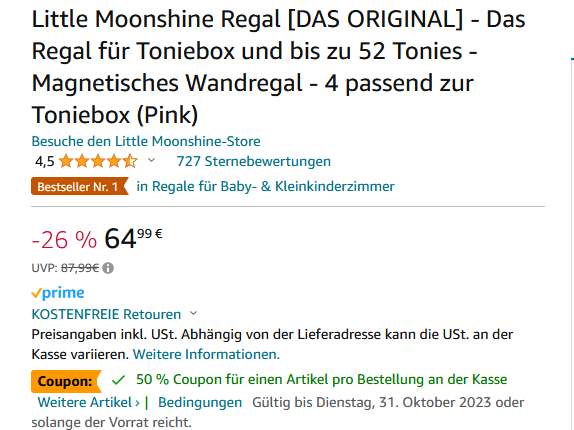 Little Moonshine Regal [DAS ORIGINAL] - Das Regal für Toniebox und bis zu 52 Tonies - Magnetisches Wandregal in Pink / blau 38,99€