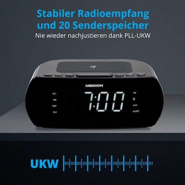 MEDION LIFE E66519 Uhrenradio mit kabelloser Ladestation (PLL-UKW Radio, Qi Schnellladepad, Bluetooth 5.0, 1 W RMS Ausgangsleistung)