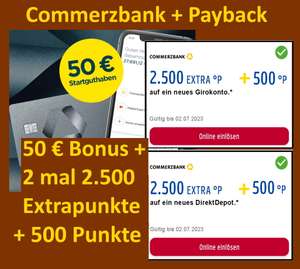 50 € Startguthaben Commerzbank Giro + jeweils 3.000 Payback-Punkte (=2*30 €) für kostenloses Giro / Depot (Personalisiert)