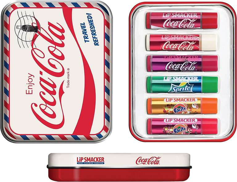 Lip Smacker Coca Cola Geschenkdose: Reiseset mit 6 Lippenpflegestiften in verschiedenen Geschmacksrichtungen + Schlafmaske [Prime]