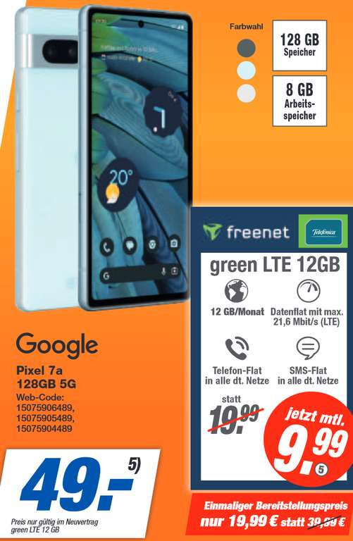 Lokal, Telefonica Netz: Google Pixel 7a im Allnet/SMS Flat 12GB LTE für 9,99€/Monat, 49€ Zuzahlung
