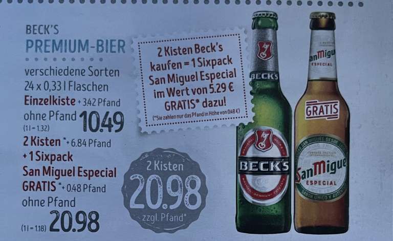 (Lokal HH?) [Edeka] Beck‘s 24x0,33l 10,49€ / 2 Kisten 20,98€ plus 6er San Miguel on top