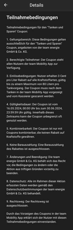 Team Tankstelle 3ct/l pro 1 Liter Rabatt in der app