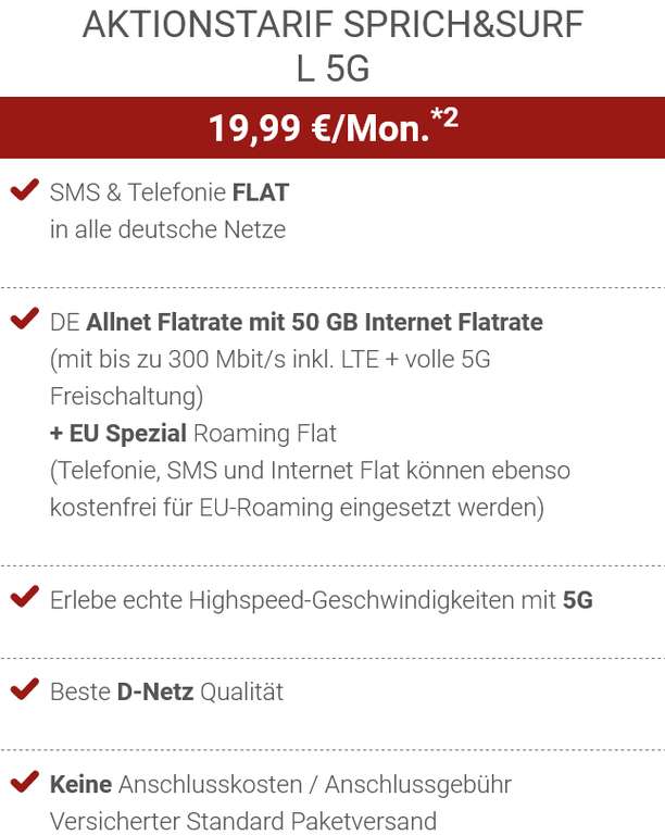 Vodafone Netz, Sim Only: Allnet/SMS Flat 50GB 5G für 19,99€/Monat, 0€ AG