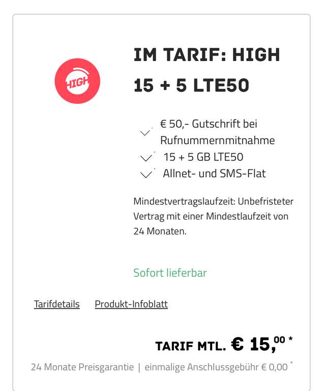 Telekom Netz HIGH 20 GB LTE50 15€ mit 50€ Wechselbonus