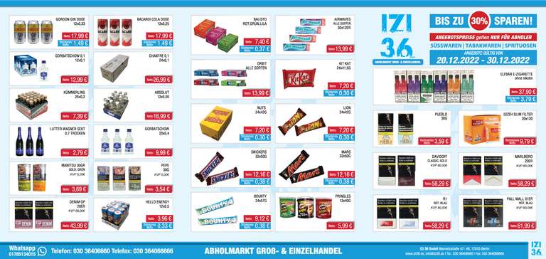 [Lokal Berlin][Gewerbe] KitKat 24x41G 7,20€; Jack Daniels 0,7l 12,99€ net, Großhändler für Süßwaren, Tabakwaren und Spritiousen