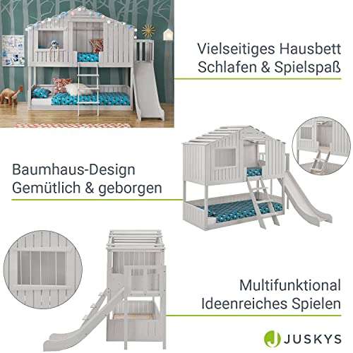 Kinderbett Baumhaus 90 x 200 cm mit Dach, Rutsche & Leiter 2X Lattenrost bis 150 kg — Hausbett aus Massivholz