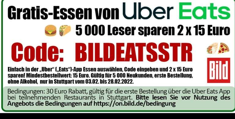 Uber Eats 2x15€ für Erstkunden in Stuttgart (MBW je 15€)
