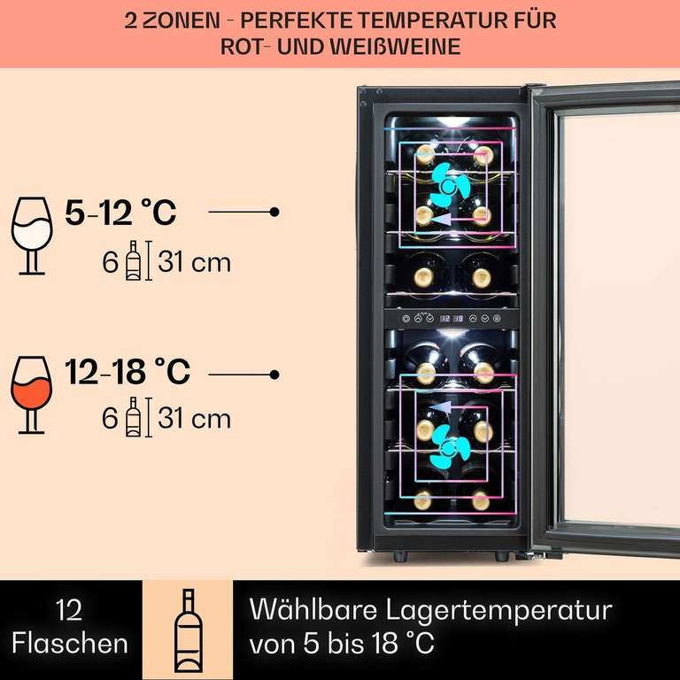 Klarstein Shiraz 2-Zonen Weinkühlschrank für 12 Standard Weinflaschen á 0,75l