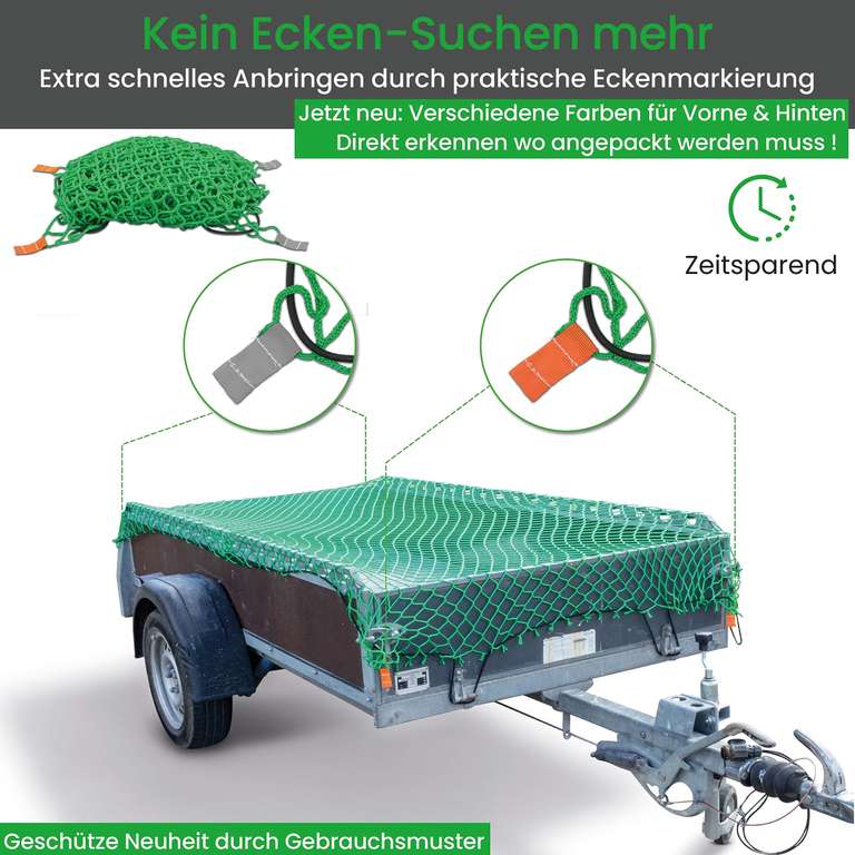 CargoVA Anhängernetz 1,5x2,2M - Hängernetz mit Gummiseil und Eckenmarkierung - zur perfekten Ladungssicherung - Prime