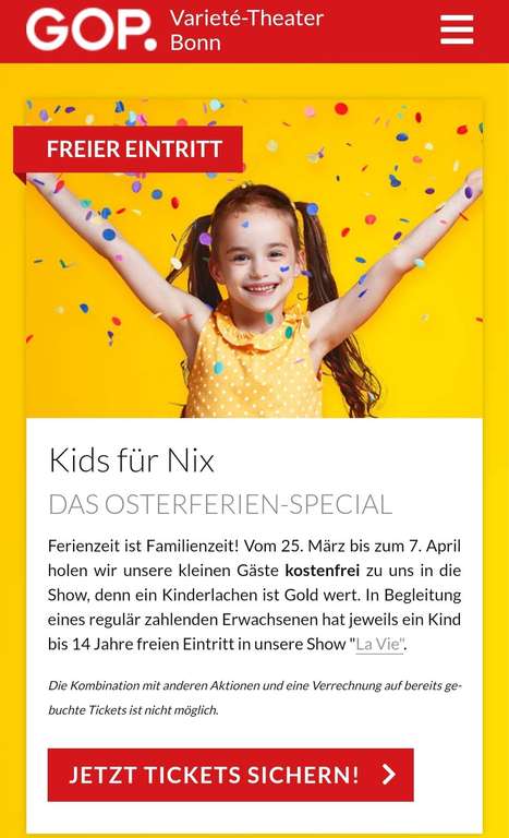 GOP Varieté-Theater Bonn - kostenloser Eintritt für Kinder (bis 14) in den Osterferien (in Verbindung mit einem vollzahlendem Erwachsenen)