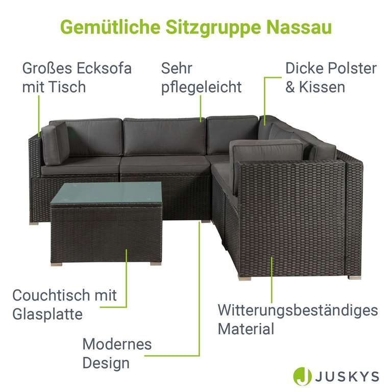 Juskys Polyrattan Lounge Nassau schwarz für 5 Personen mit Ecksofa & Tisch – Bezüge Dunkelgrau