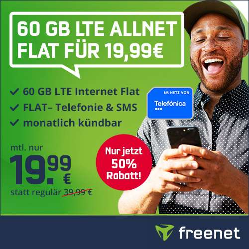 [Telefonica-Netz & SIM-Only] freenet green mit 60GB LTE Datenvolumen (225 Mbit/s) + Telefon- & SMS-Flat für 19,99€ + 9,99€ AG | mtl. kündbar