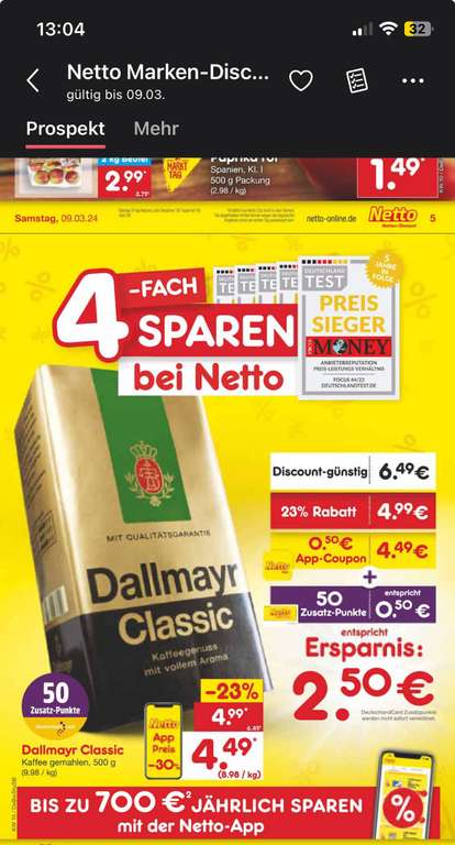 Dallmayr Classic Kaffee 500g 4,49€ -30% App Preis