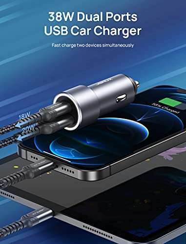 Zigarettenanzünder USB C für iPhone, 38W KFZ Ladegerät iPhone Autoladegerät  mit Dual Port - PD 20W USB